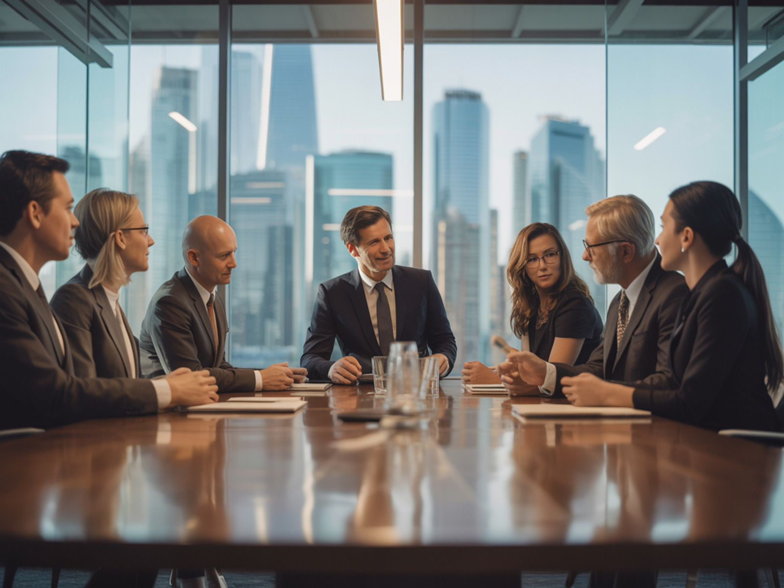 Executive boardroom meeting at OM24 Global with panoramic city views